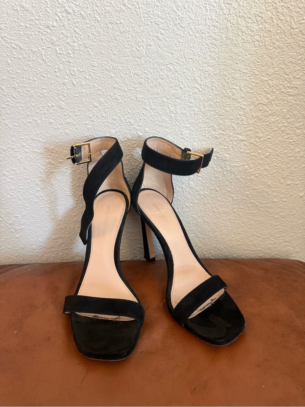 Stuart Weitzman Black Suede Ankle-Strap Stiletto Sandals